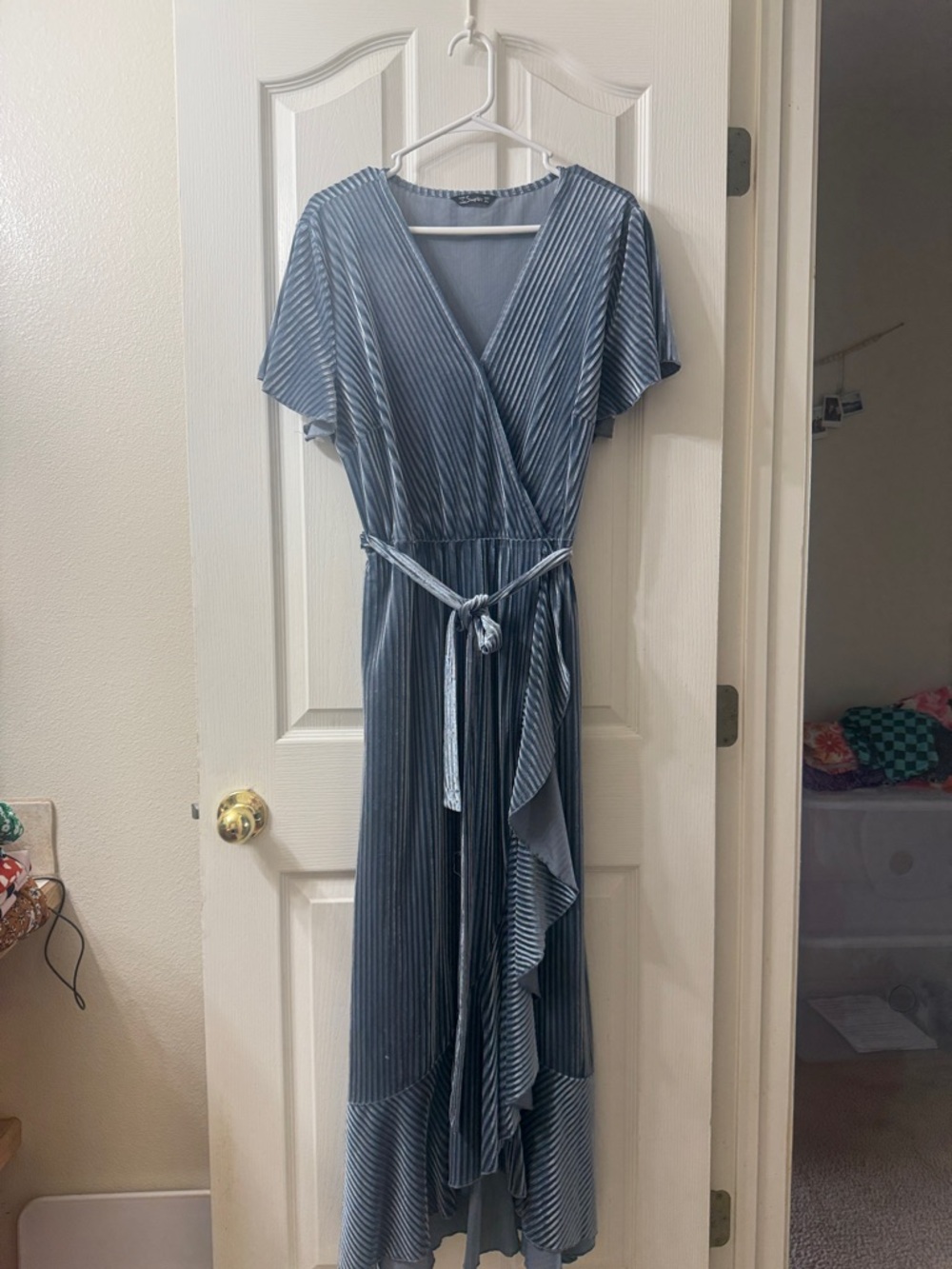 Simple Blue Striped velvety Maxi Dress with Tie Waist